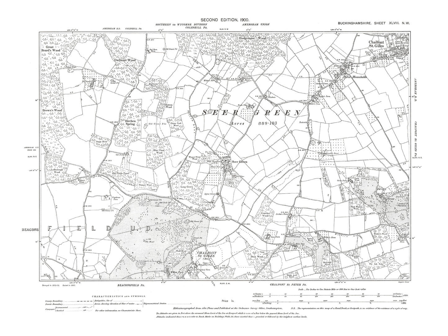 Old OS map dated 1900, showing Seer Green, Chalfont St Giles (southwest) in Buckinghamshire 48NW