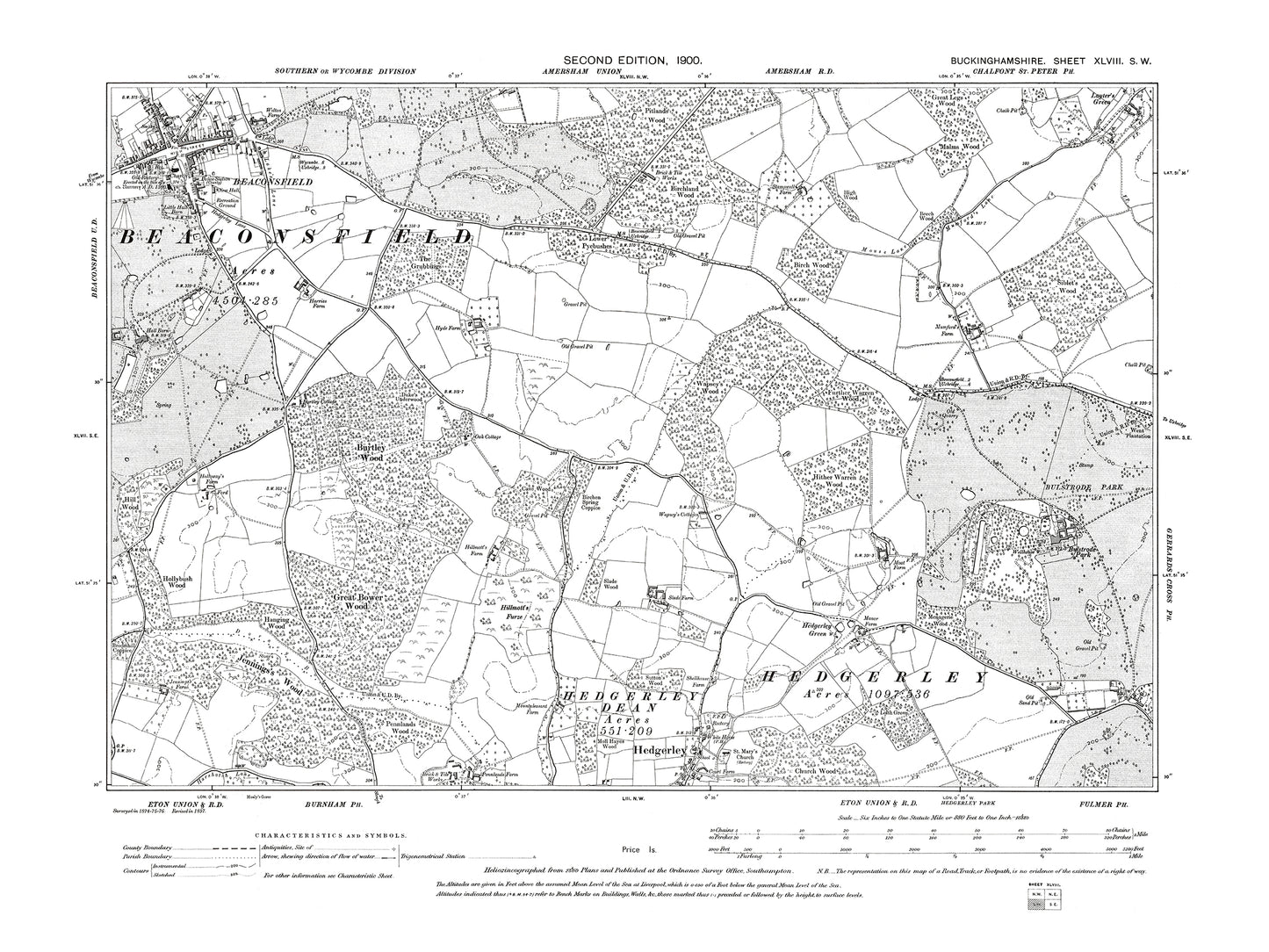 Old OS map dated 1900, showing Beaconsfield, Hedgerley in Buckinghamshire 48SW