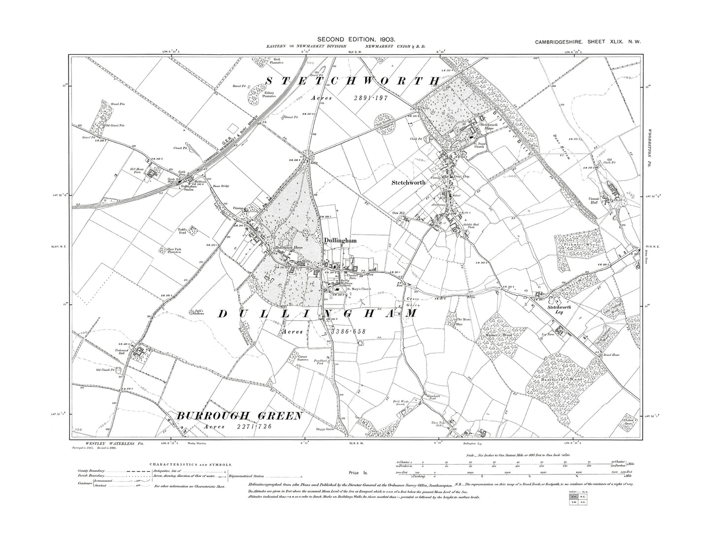 Old OS map dated 1903, showing Dullingham, Stetchworth in Cambridgeshire 49NW