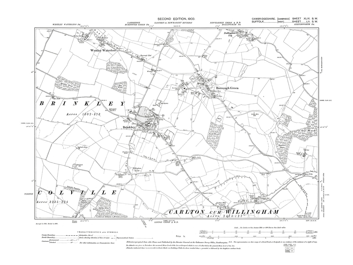 Old OS map dated 1903, showing Brinkley, Burrough Green, Westley Waterless in Cambridgeshire 49SW