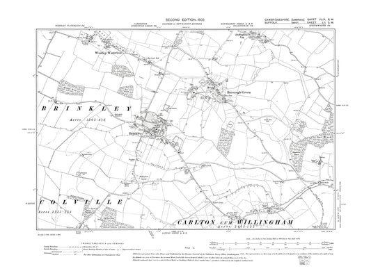 Old OS map dated 1903, showing Brinkley, Burrough Green, Westley Waterless in Cambridgeshire 49SW