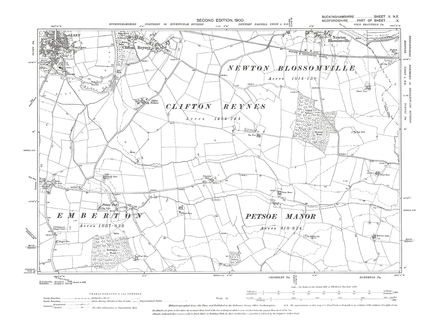 Old OS map dated 1900, showing Olney (south), Clifton Reynes, Newton Blossomville (south) in Buckinghamshire - 5NE