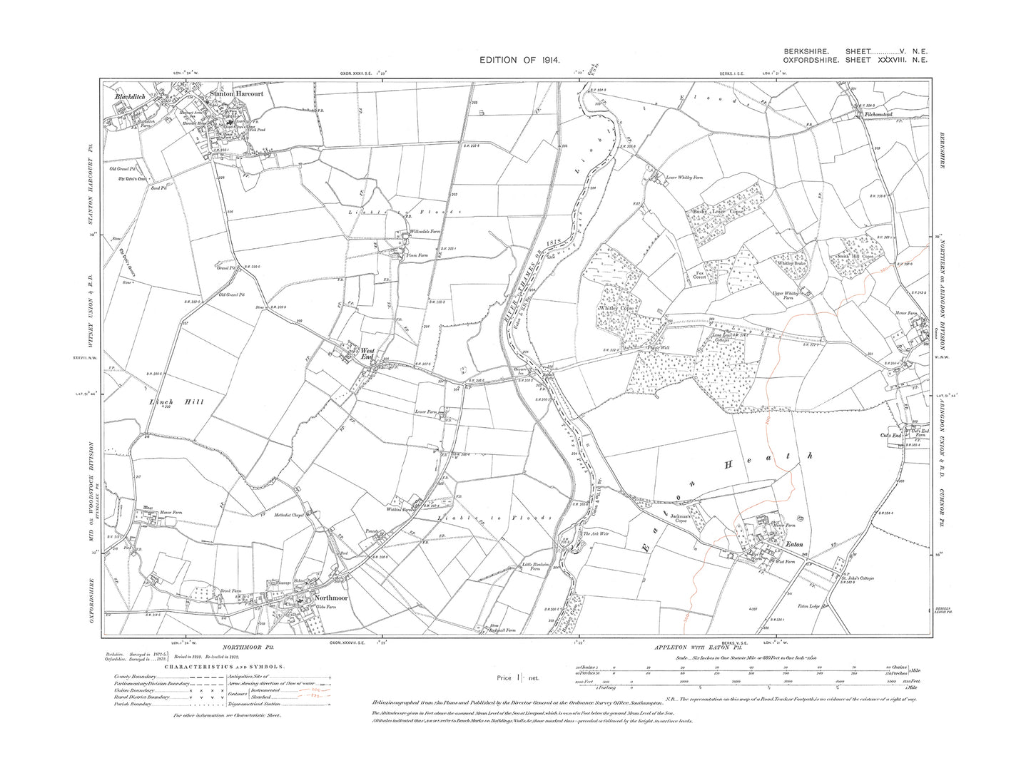 A 1914 map showing Eaton, Cumnor (west) in Berkshire - OS 1:10560 scale map, Berks 5NE