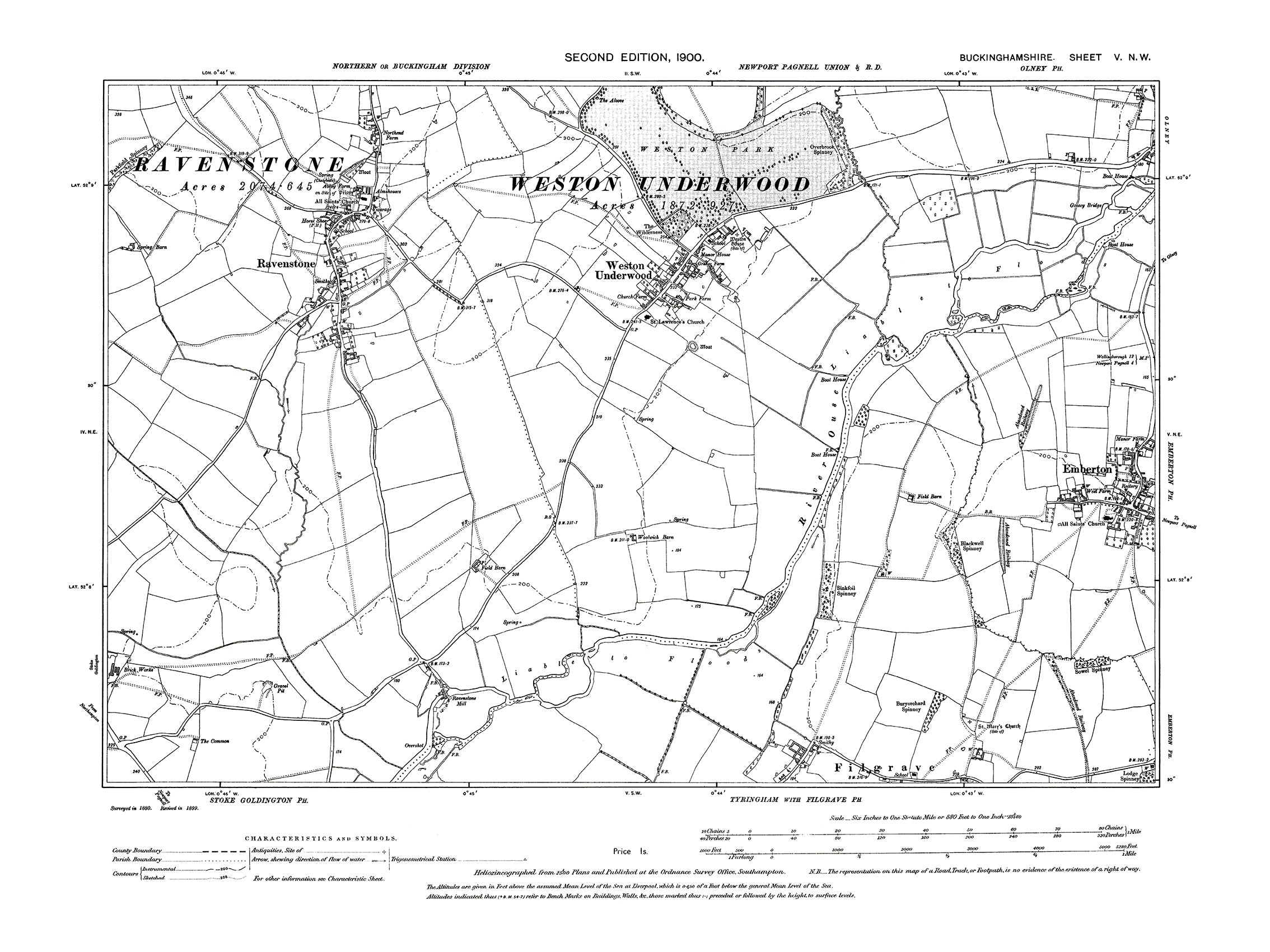 Old OS map dated 1900, showing Ravenstone, Weston Underwood, Emberton ...