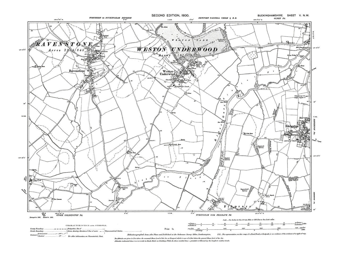 Old OS map dated 1900, showing Ravenstone, Weston Underwood, Emberton (west) in Buckinghamshire - 5NW