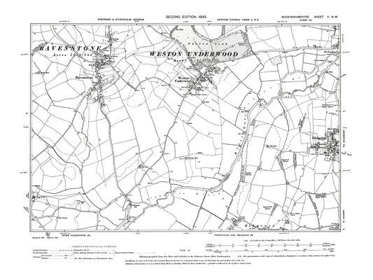 Old OS map dated 1900, showing Ravenstone, Weston Underwood, Emberton (west) in Buckinghamshire - 5NW