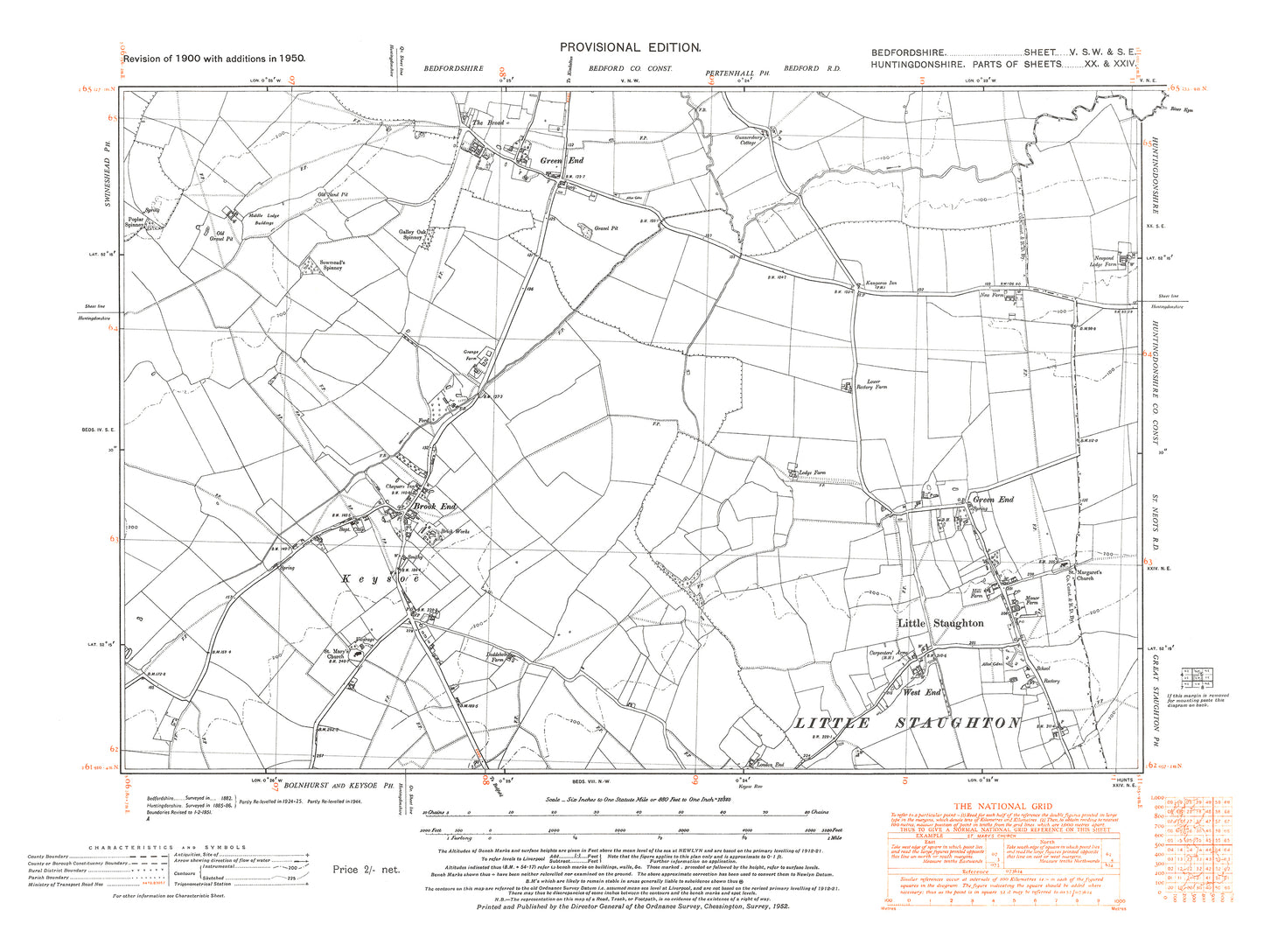 A 1950 map showing Little Staughton and Keysoe in Bedfordshire - A Digital Download 0f OS 1:10560 scale map, Beds 5SW-SE