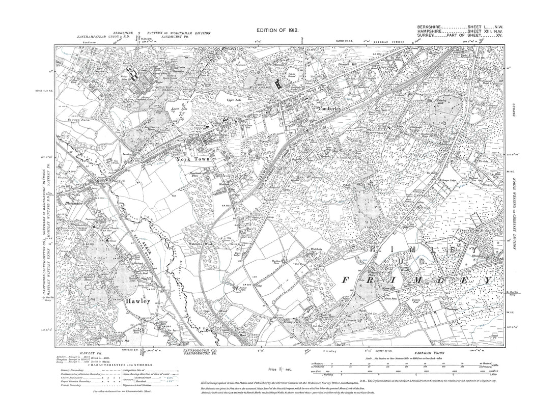 A 1912 map showing Sandhurst College in Berkshire - OS 1:10560 scale m ...