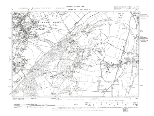 Old OS map dated 1900, showing Marlow (east), (plus Cookham Dean, Cookham Rise, Berks) in Buckinghamshire 52NW