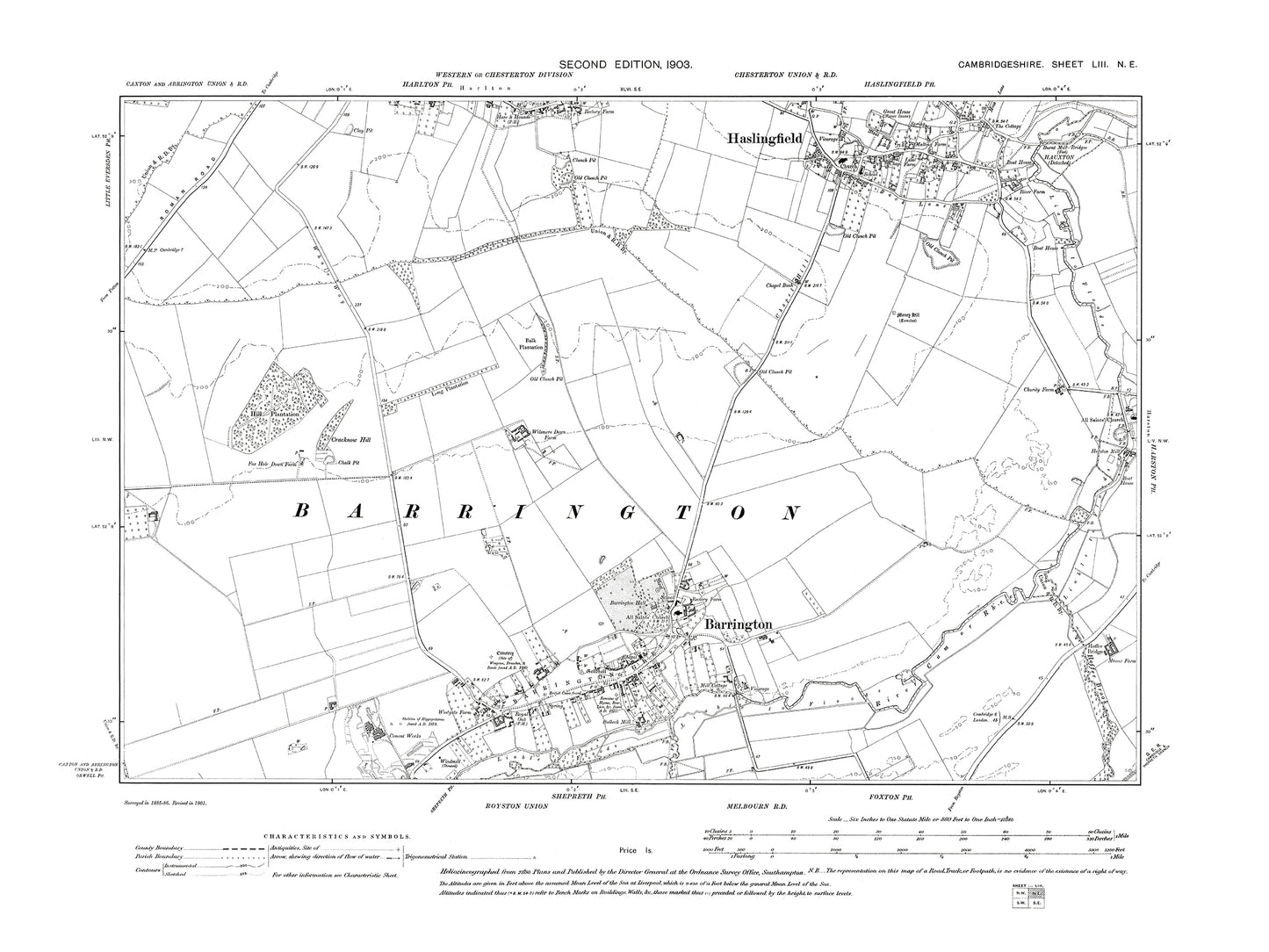 Old OS map dated 1903, showing Barrington, Haslingfield in Cambridgeshire 53NE