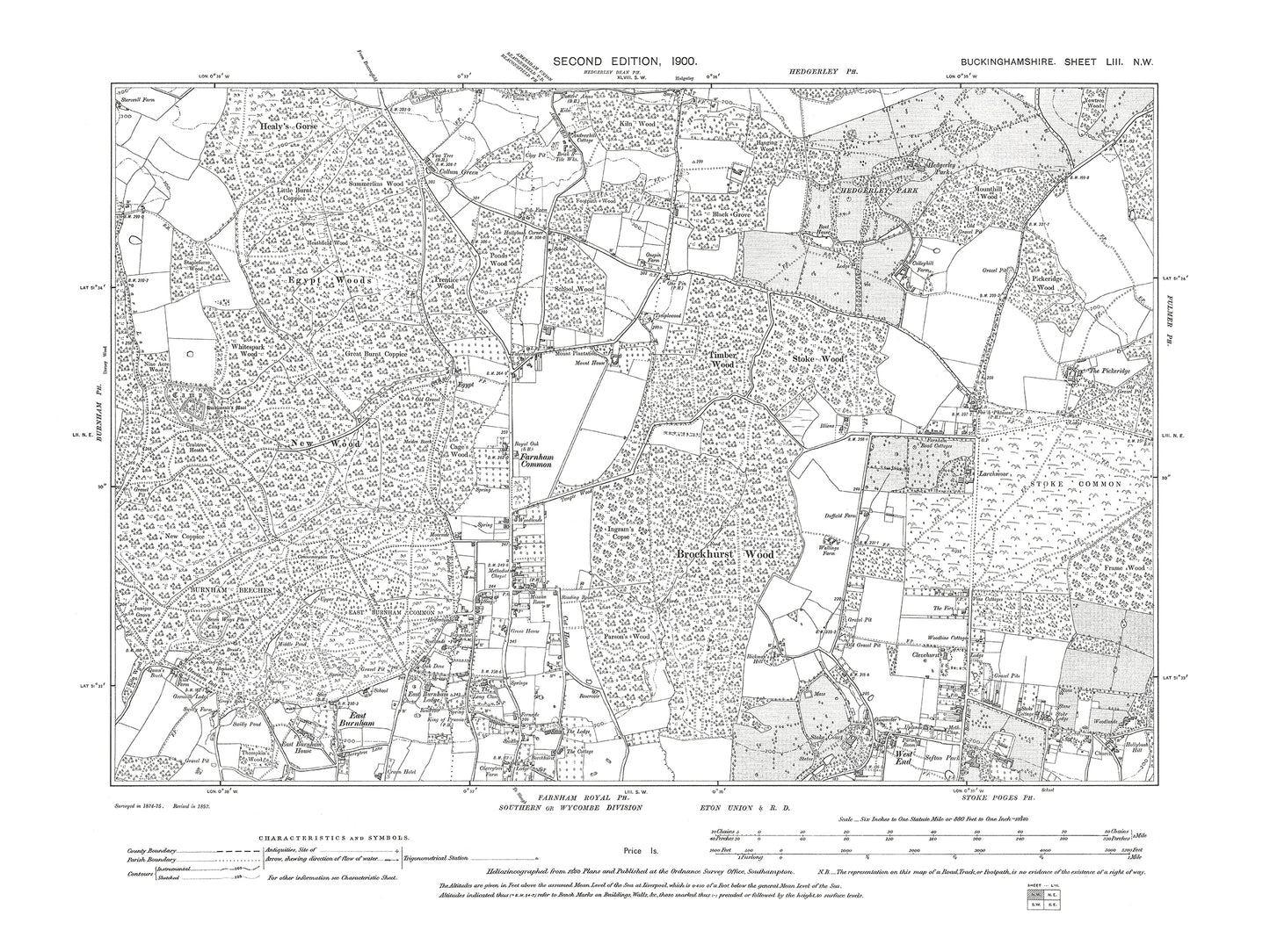 Old OS map dated 1900, showing Stoke Poges (north), Farnham Common in Buckinghamshire 53NW