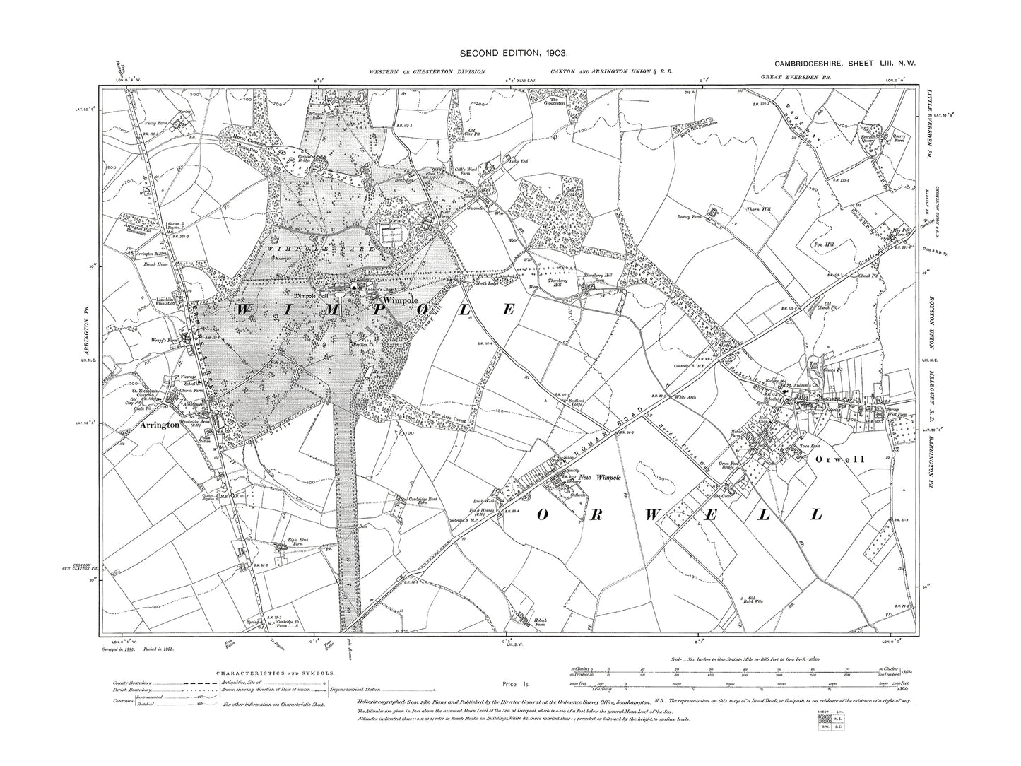 Old OS map dated 1903, showing Arrington, Orwell, Wimpole in Cambridgeshire 53NW