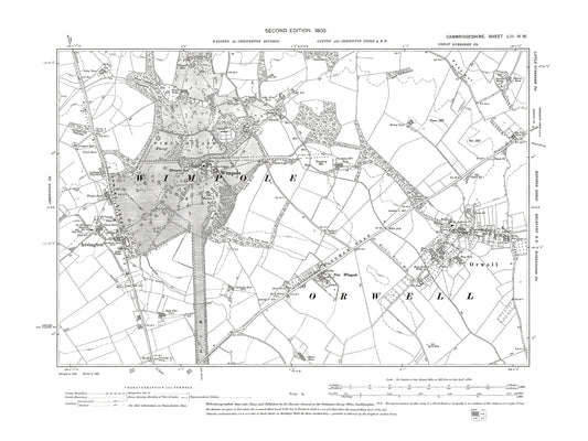 Old OS map dated 1903, showing Arrington, Orwell, Wimpole in Cambridgeshire 53NW