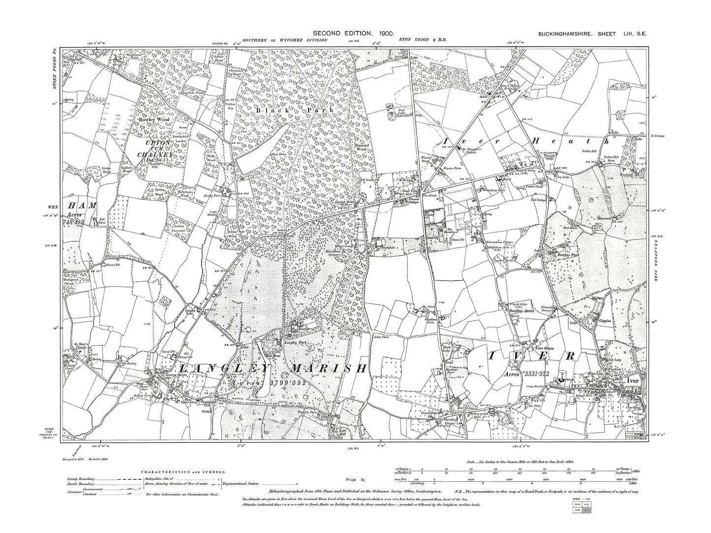 Old OS map dated 1900, showing Iver (west), Iver Heath, George Green in Buckinghamshire 53SE