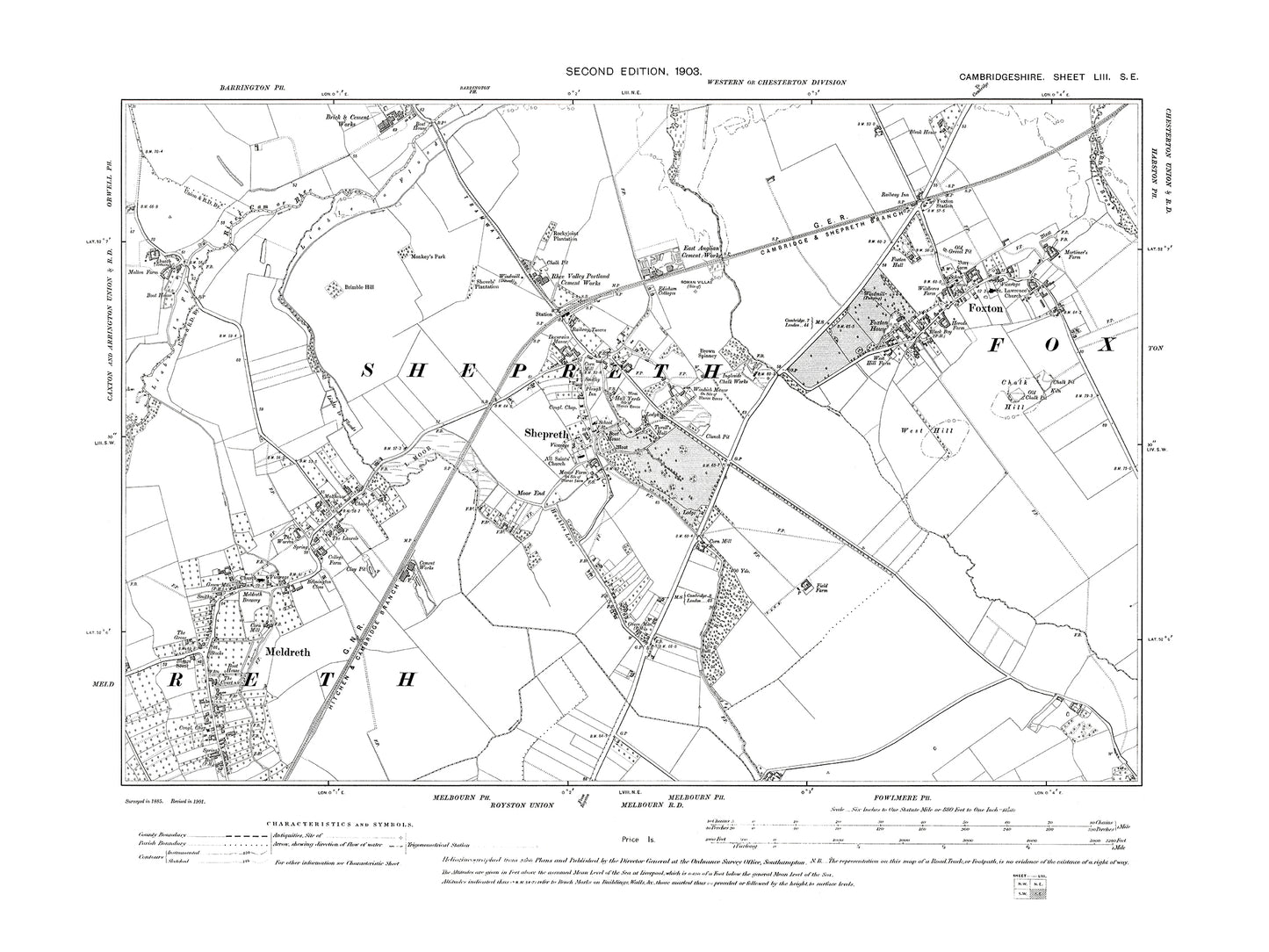 Old OS map dated 1903, showing Foxton, Meldreth, Shepreth in Cambridgeshire 53SE