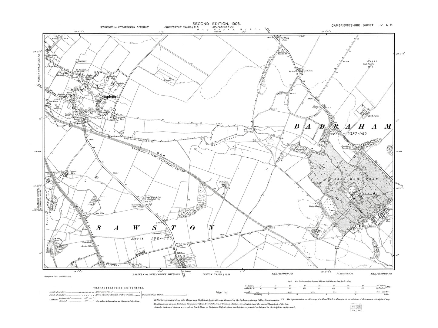 Old OS map dated 1903, showing Babraham, Stapleford in Cambridgeshire 54NE