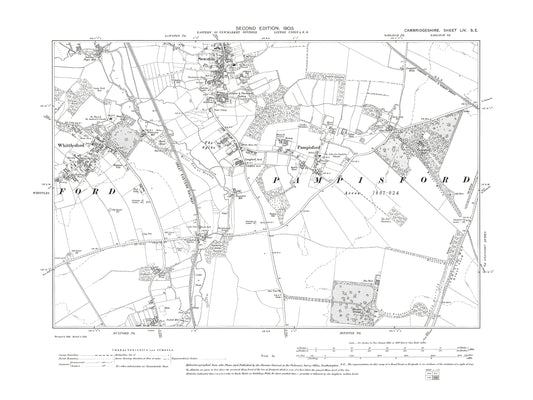 Old OS map dated 1903, showing Pampisford, Sawston (south), Whittlesford (east) in Cambridgeshire 54SE