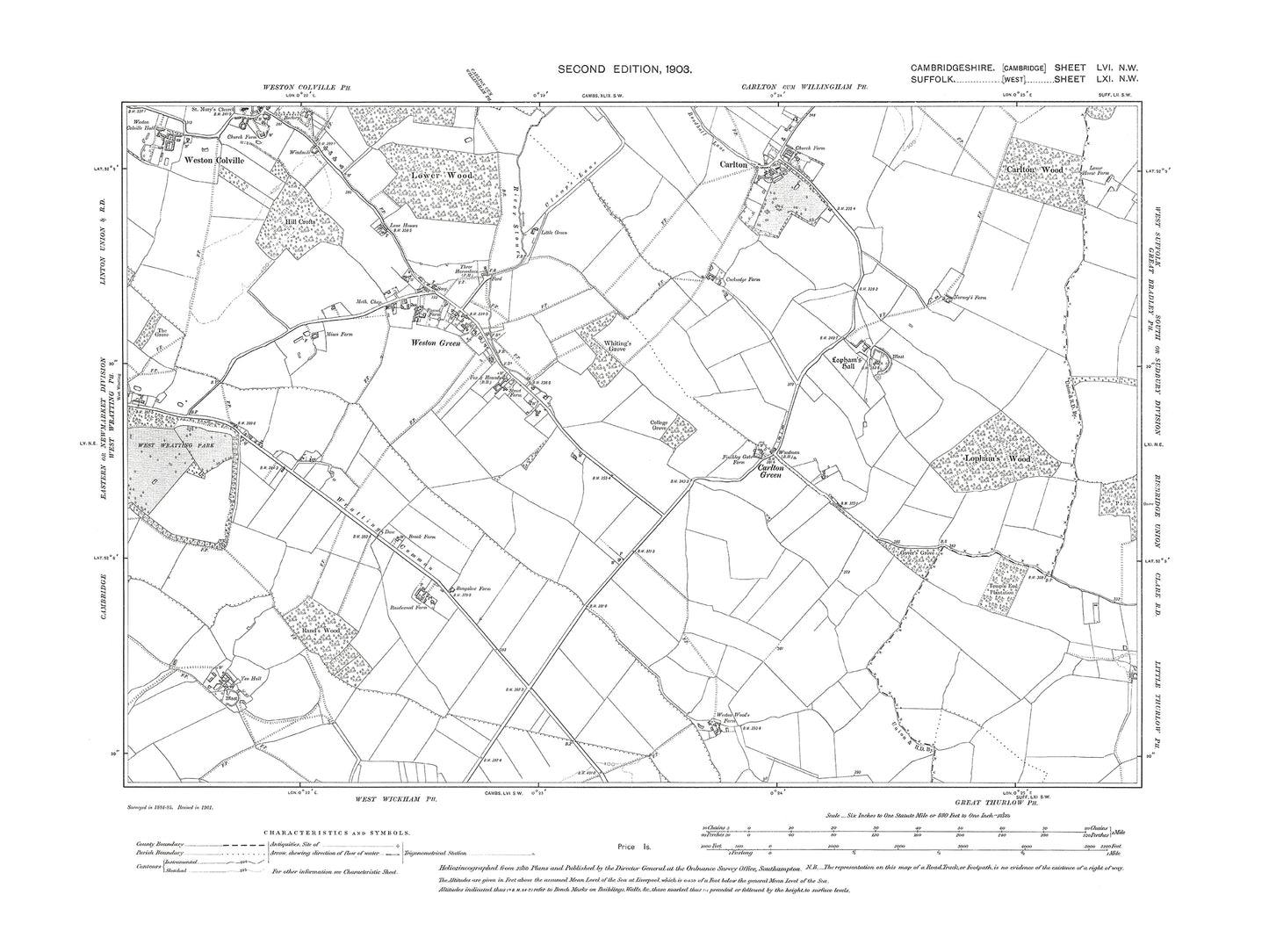 Old OS map dated 1903, showing Weston Colville (south), Weston Green, Carlton in Cambridgeshire 56NW