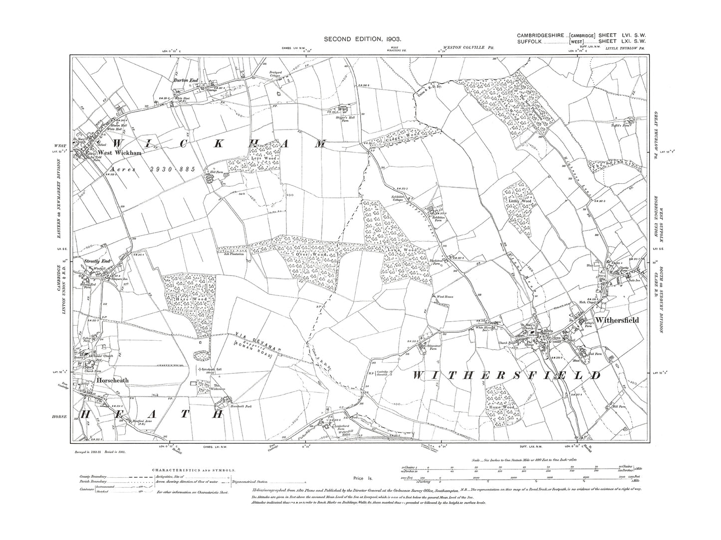 Old OS map dated 1903, showing Horseheath (east), West Wickham (east) in Cambridgeshire 56SW