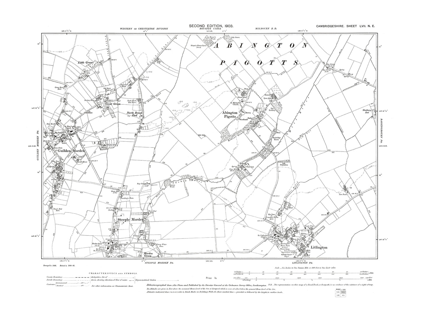 Old OS map dated 1903, showing Guilden Morden (east), Steeple Morden (north) in Cambridgeshire 57NE