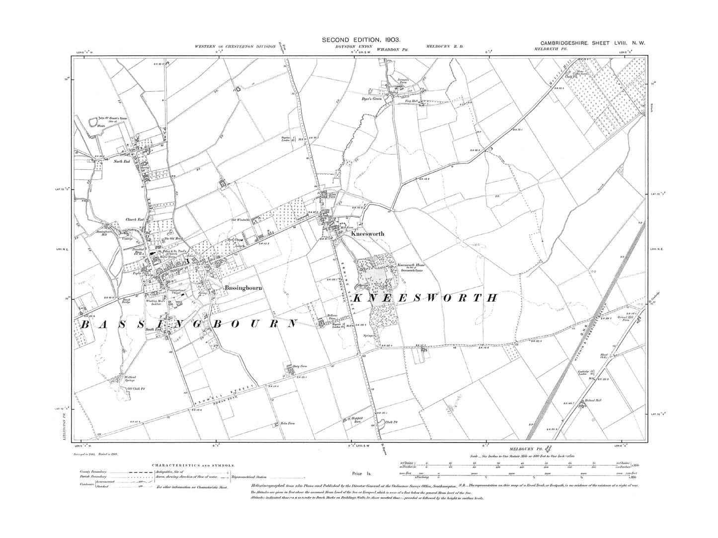 Old OS map dated 1903, showing Bassingbourn, Kneesworth in Cambridgeshire 58NW