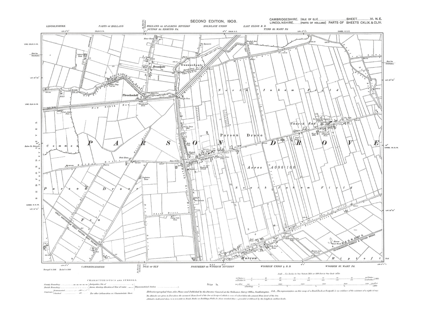 Old OS map dated 1903, showing Parson Drove, Church End, Murrow (north) in Cambridgeshire 6NE