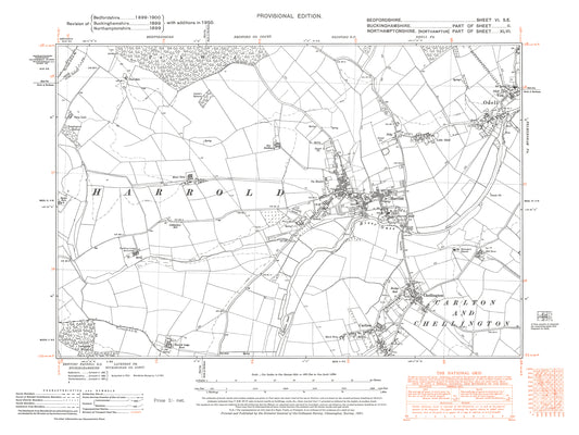 A 1950 map showing Odell, Harrold, Carlton and Chellington in Bedfordshire - A Digital Download 0f OS 1:10560 scale map, Beds 6SE