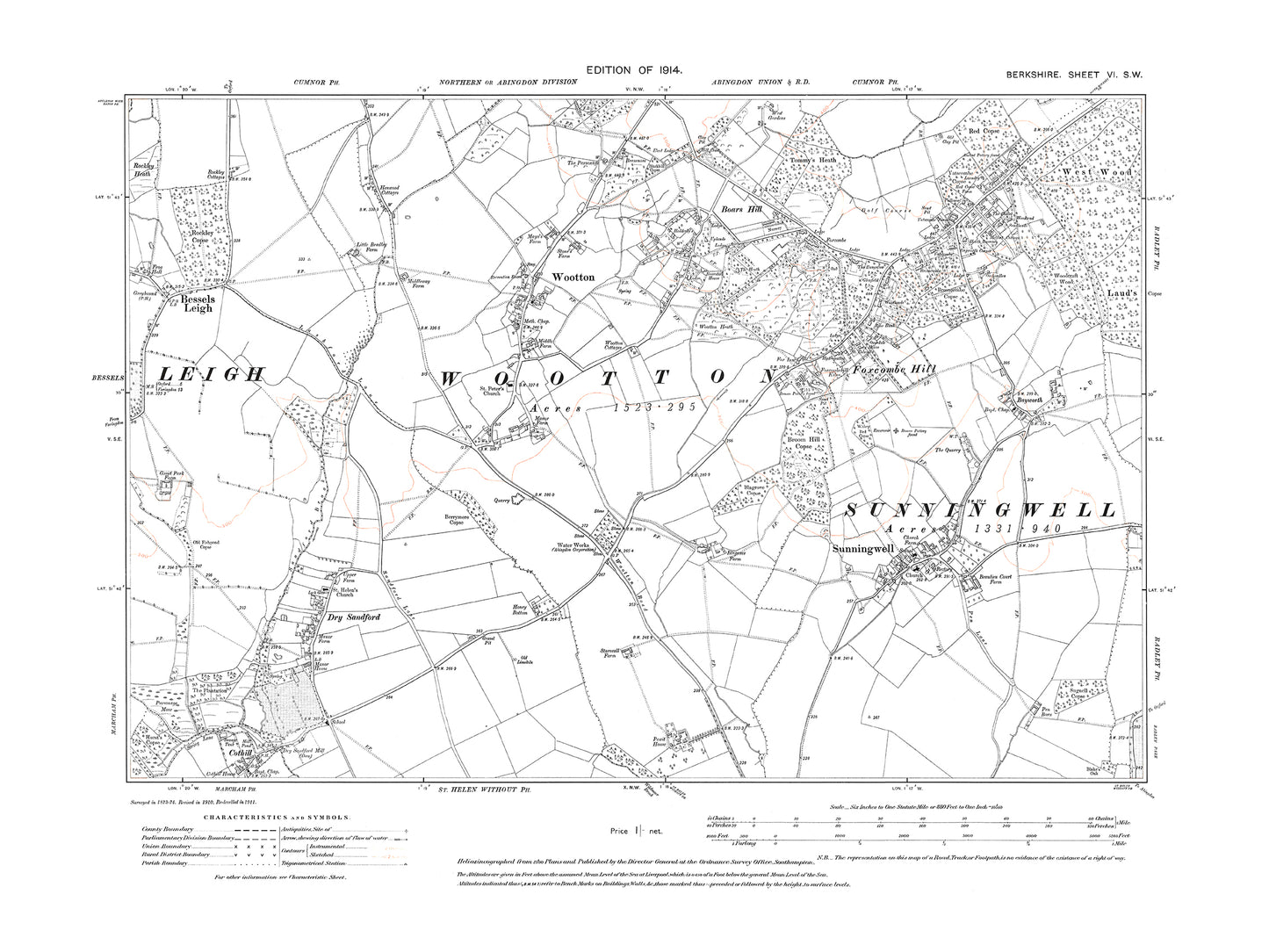 A 1914 map showing Sunningwell, Wootton, Foxcombe Hill, Dry Sandford in Berkshire - OS 1:10560 scale map, Berks 6SW