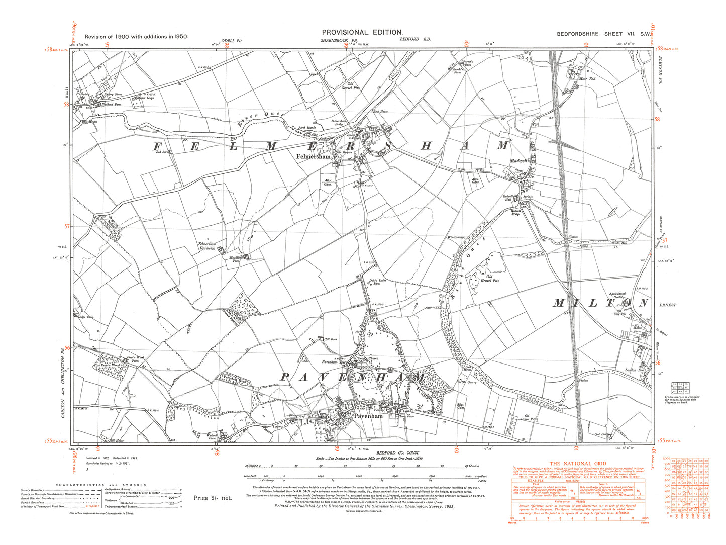 A 1950 map showing Milton Ernest (west), Felmersham, Pavenham and Radwell in Bedfordshire - A Digital Download 0f OS 1:10560 scale map, Beds 7SW