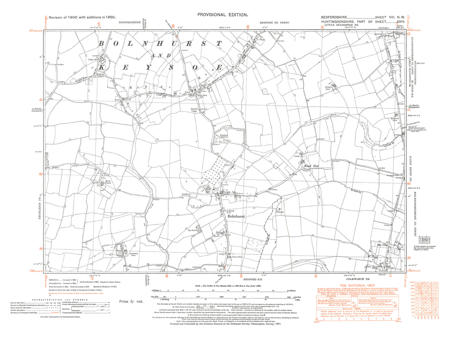 A 1950 map showing Bolnhurst and Keysoe in Bedfordshire - A Digital Download 0f OS 1:10560 scale map, Beds 8NW