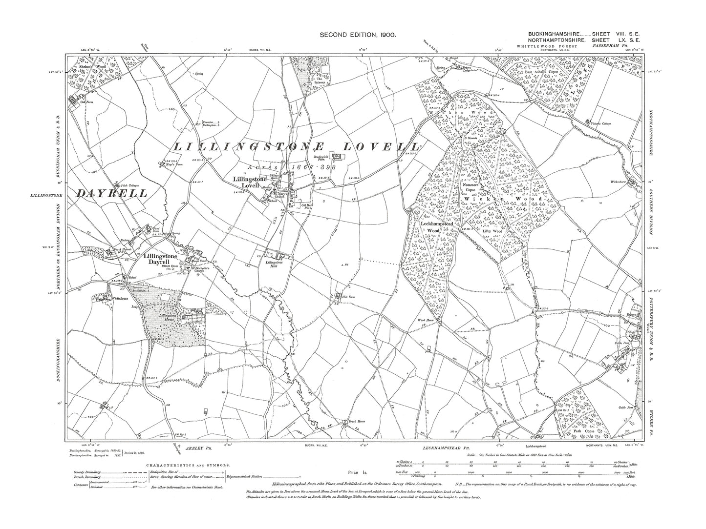 Old OS map dated 1900, showing Lillingstone Lovell and Lillingstone Dayrell in Buckinghamshire - 8SE