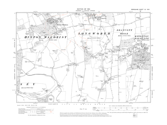 A 1914 map showing Hinton Waldrist, Longworth (south), Kingston Bagpuize, Southmoor in Berkshire - OS 1:10560 scale map, Berks 9NW