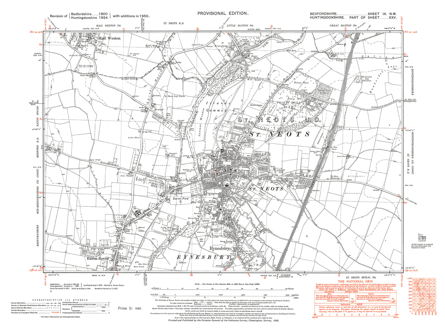 A 1950 map showing Eaton Socon (north) and Eaton Ford (plus St Neots, Hunts) in Bedfordshire - A Digital Download 0f OS 1:10560 scale map, Beds 9NW