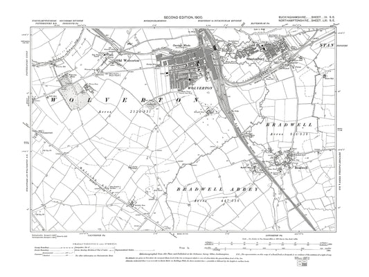 Old OS map dated 1900, showing Wolverton, Stantonbury, Bradwell in Buckinghamshire 9SE