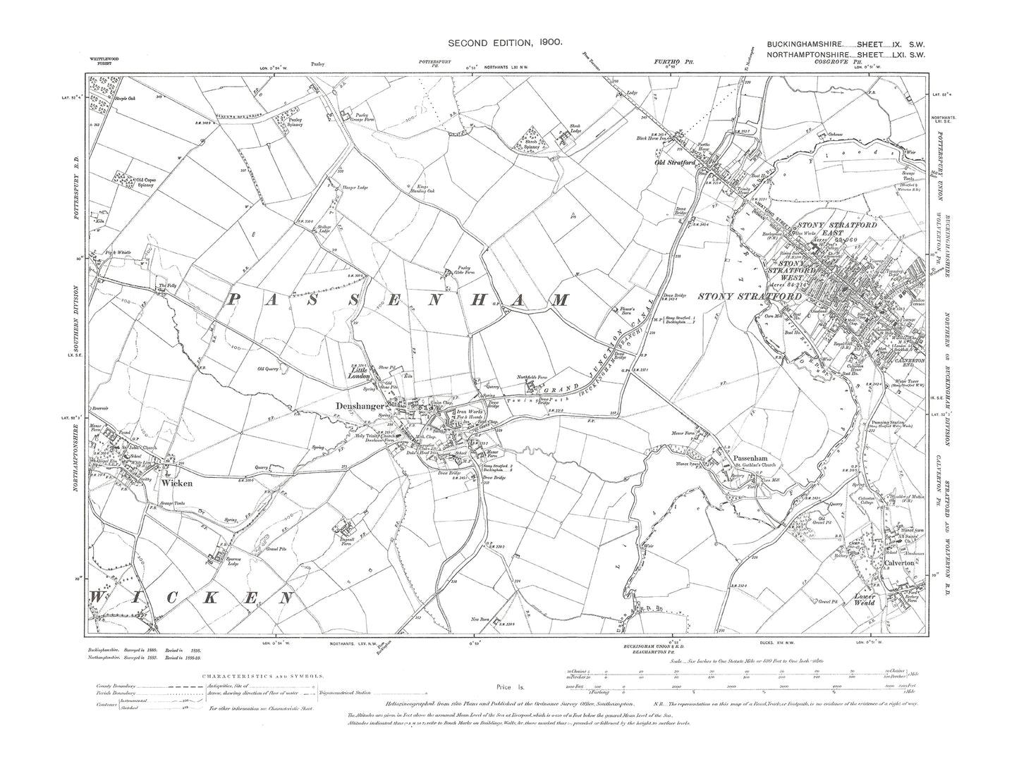 Old OS map dated 1900, showing Denshanger, Wicken, Passenham, Old Stratford in Buckinghamshire 9SW