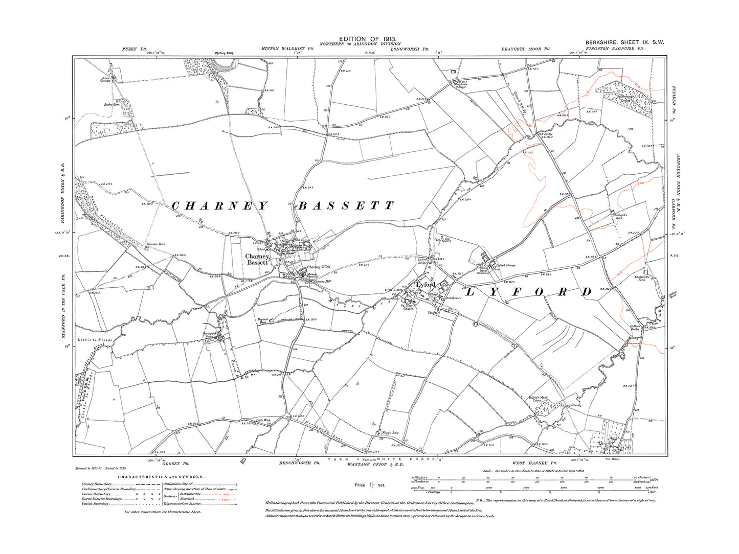 A 1913 map showing Charney Bassett, Lyford, West Hanney (north) in Berkshire - OS 1:10560 scale map, Berks 9SW