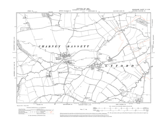 A 1913 map showing Charney Bassett, Lyford, West Hanney (north) in Berkshire - OS 1:10560 scale map, Berks 9SW