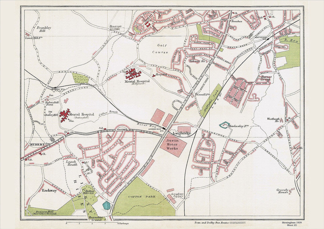 Longbridge Map Birmingham in 1939 Series - Longbridge, Ruberry, Eachway, Turves Green ...