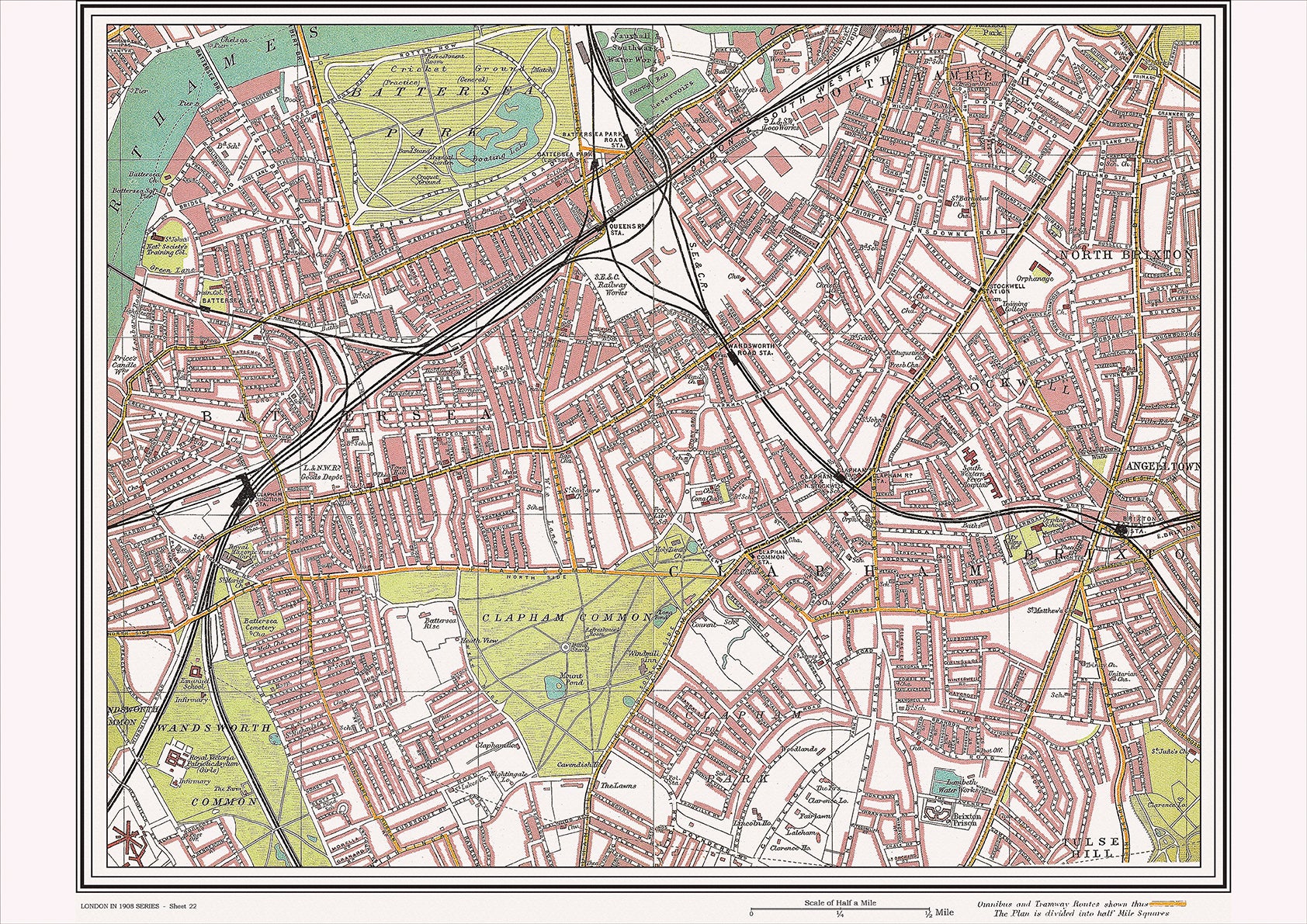 Uk Map 1908 London in 1908 Series - showing Battersea, Clapham area (Lon1908-22 ...