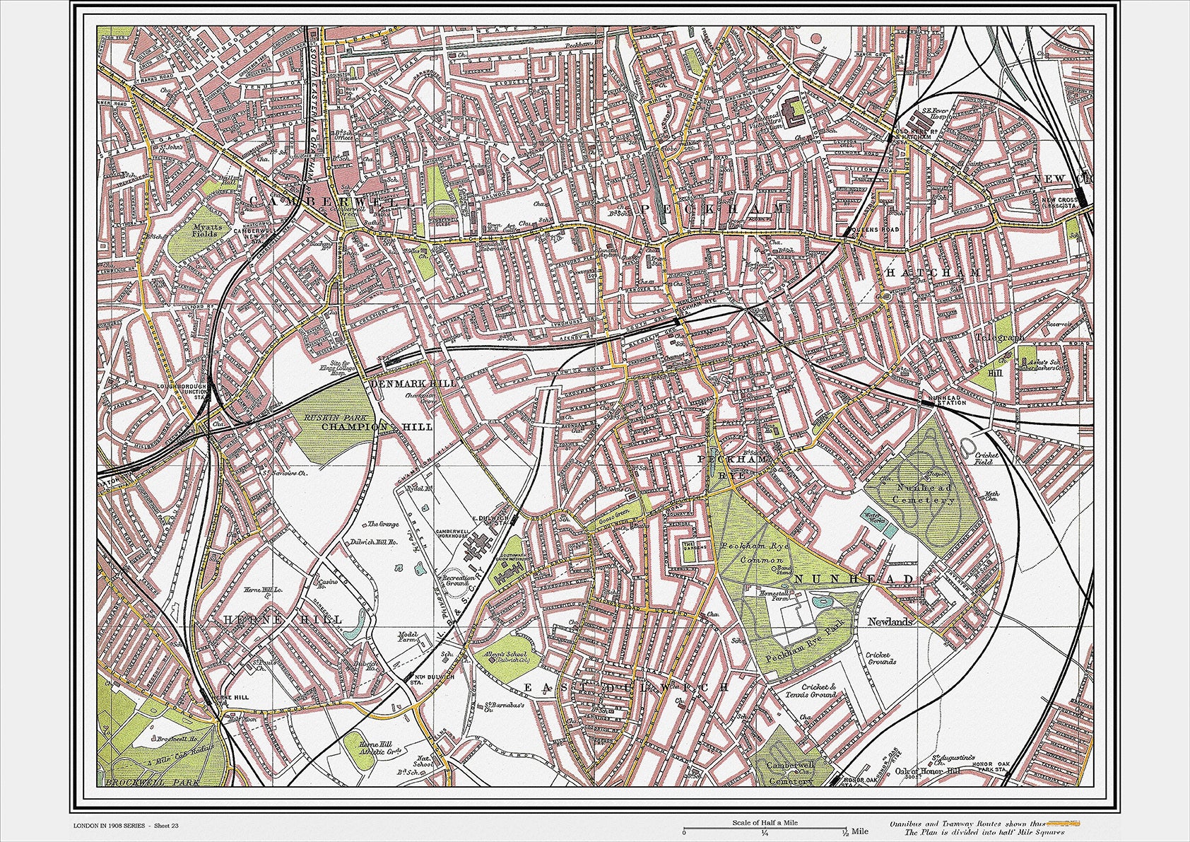 Uk Map 1908 London in 1908 Series - showing Camberwell, Peckham area (Lon1908-23 ...