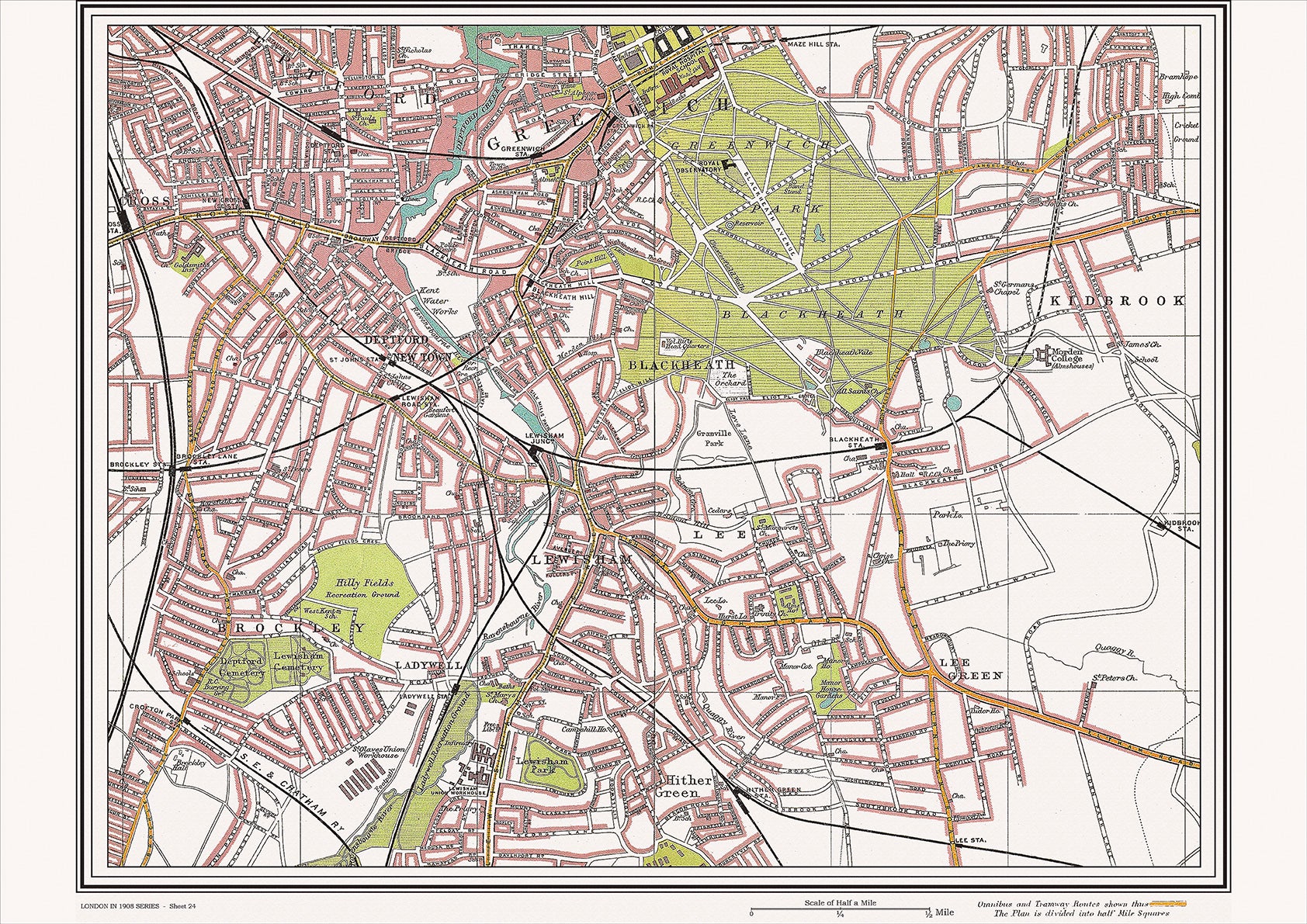 Uk Map 1908 London in 1908 Series - showing Deptford, Blackheath area (Lon1908-24 ...