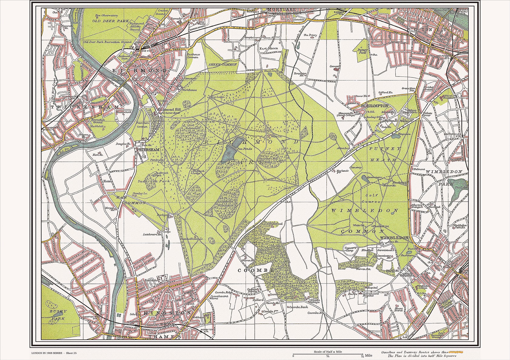 Uk Map 1908 London in 1908 Series - showing Richmond, Wimbledon area (Lon1908-25 ...