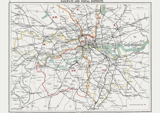 London in 1908 Series - map of the railways systems and postal districts