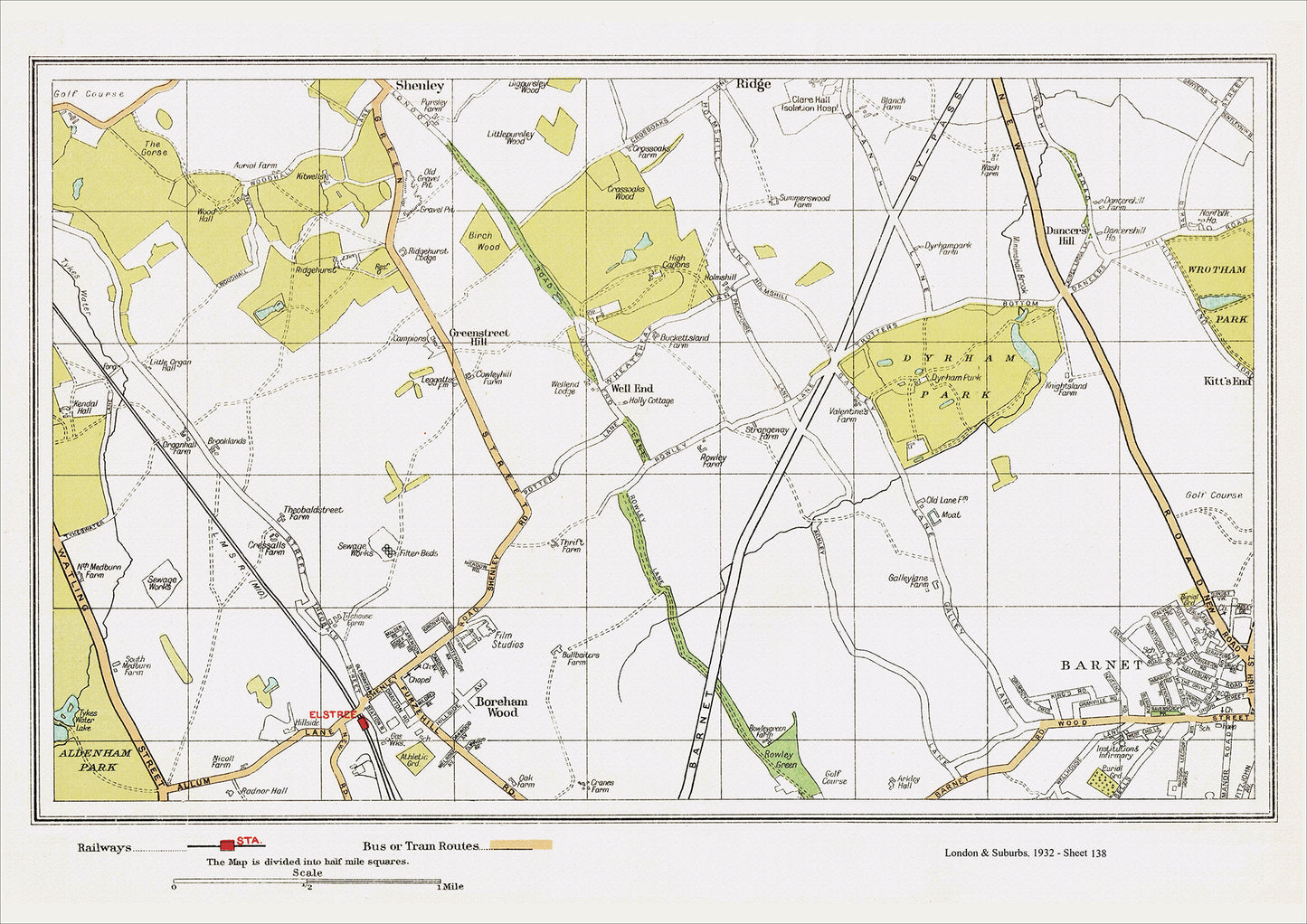 London in 1932 Series - Elstree, Barnet, Boreham Wood, Greenstreet Hill, Well End area (Lon1932-138)