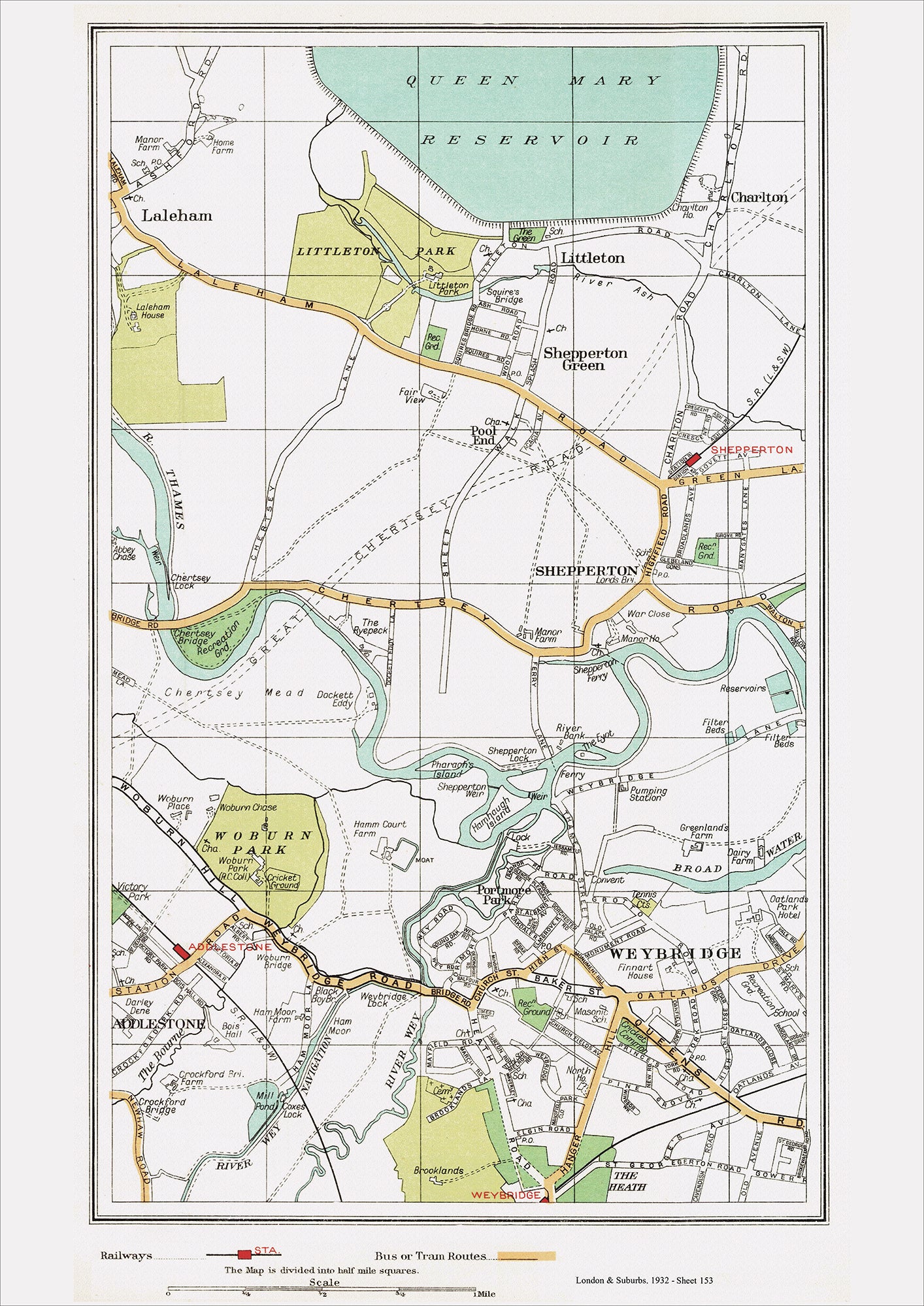 Shepperton Train Map London in 1932 Series - Weybridge, Shepperton area (Lon1932-153) – Old ...
